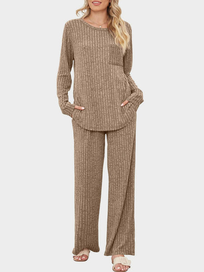 Round Neck Long Sleeve Top and Pants Set  Trendsi   