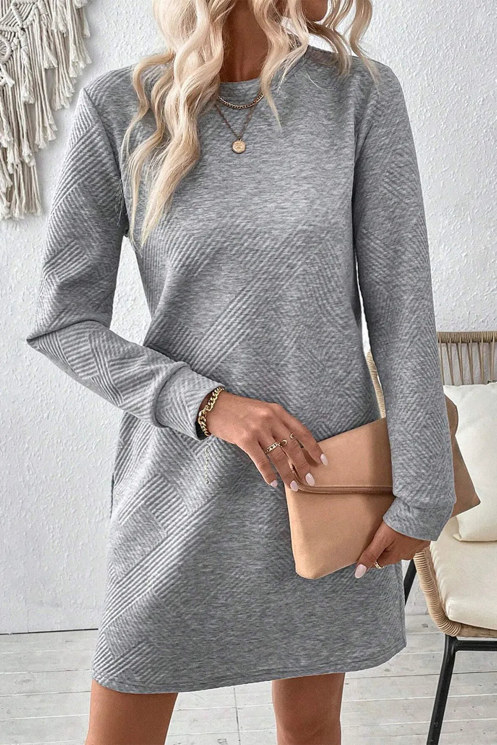 Textured Round Neck Long Sleeve Mini Dress Dress Trendsi   