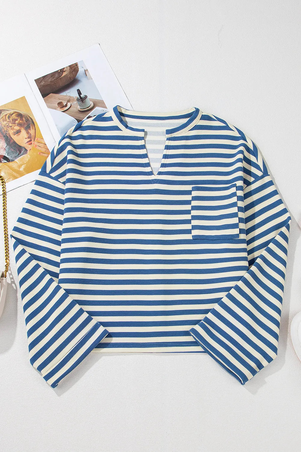 Striped Notched Long Sleeve Top Blouse Trendsi   