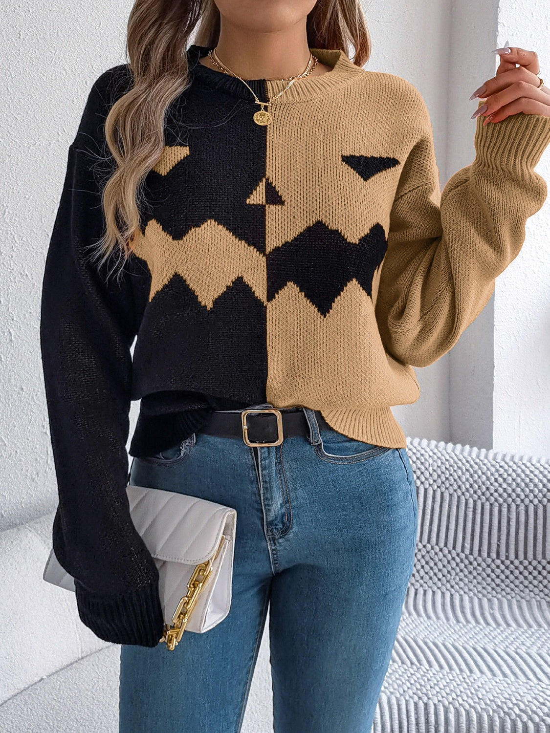 Contrast Round Neck Long Sleeve Sweater  Trendsi   