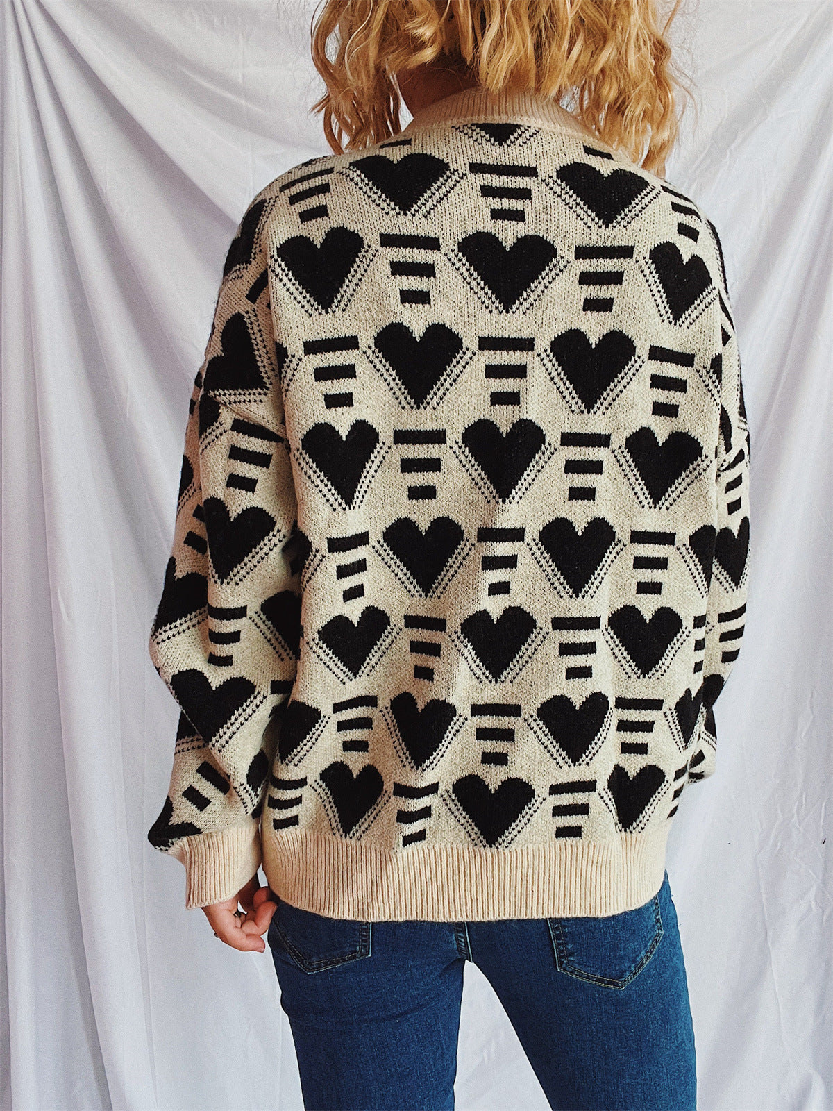 Heart Contrast Long Sleeve Dropped Shoulder Sweater  Trendsi   