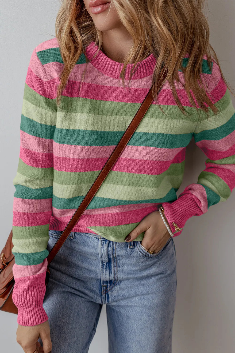 Striped Round Neck Long Sleeve Sweater  Trendsi Gum Leaf M 