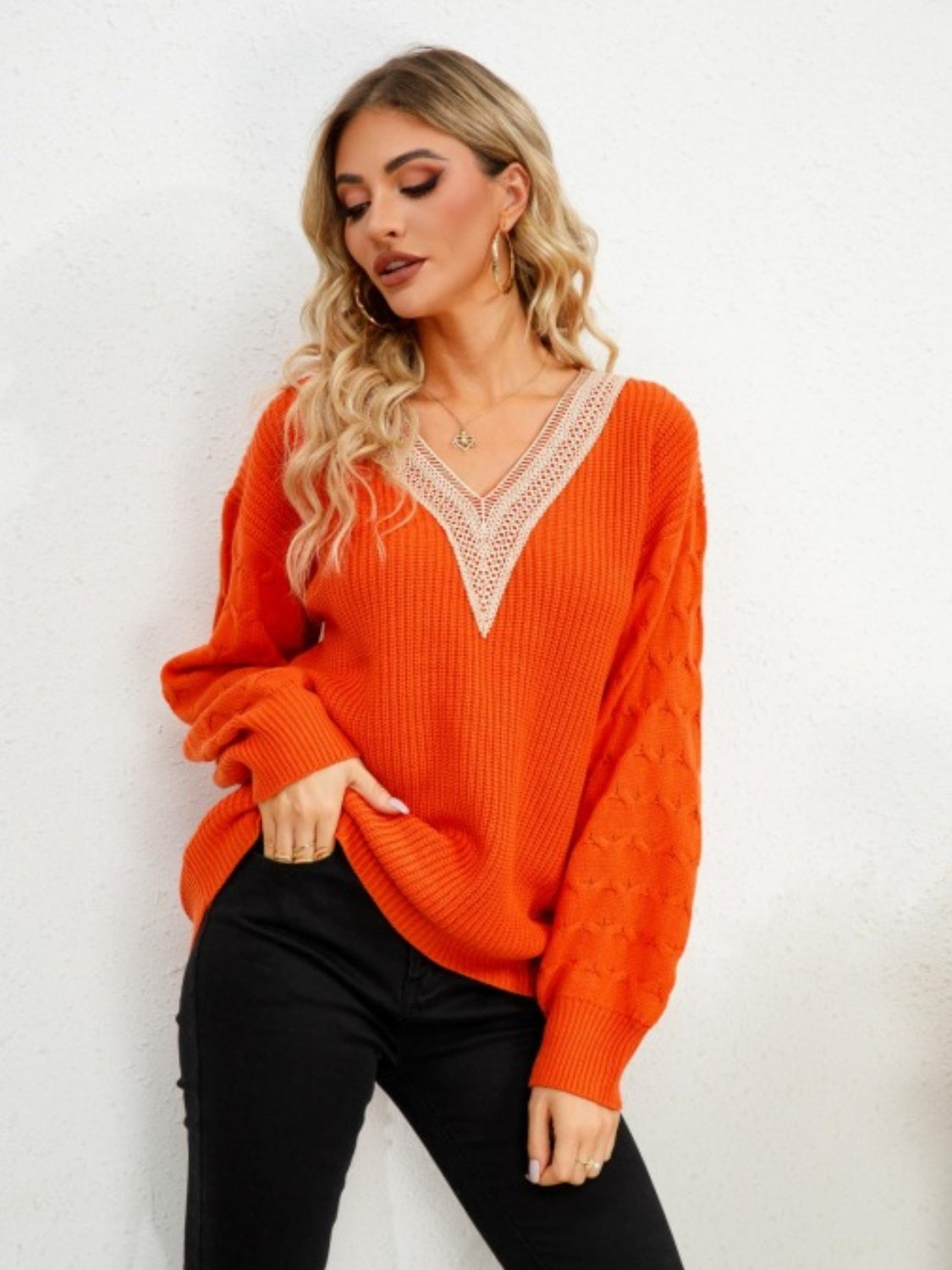 V-Neck Dropped Shoulder Long Sleeve Sweater  Trendsi   