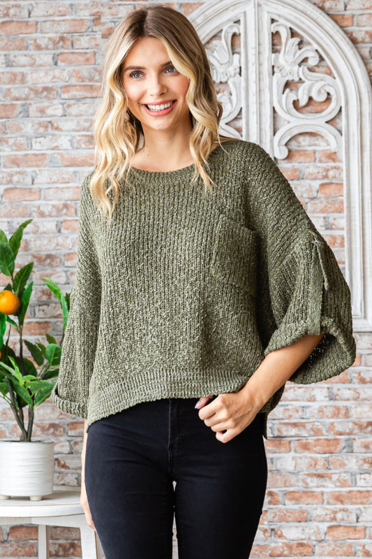 Veveret Round Neck Roll-Up Sweater  Trendsi OLIVE S 