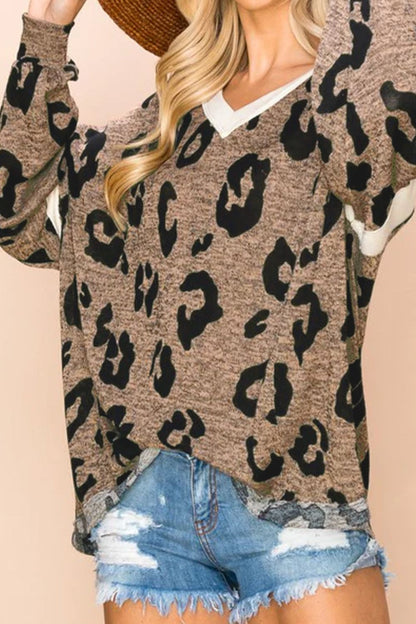 Leopard V-Neck Dropped Shoulder Blouse Blouse Trendsi   