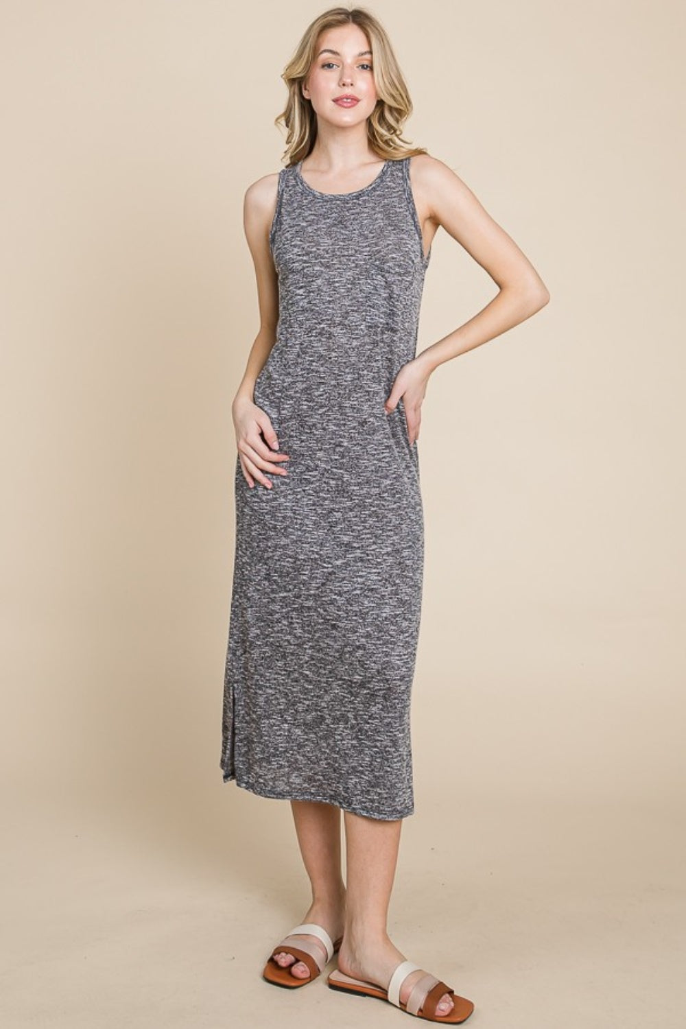 BOMBOM Round Neck Slit Midi Tank Dress  Trendsi Grey S 