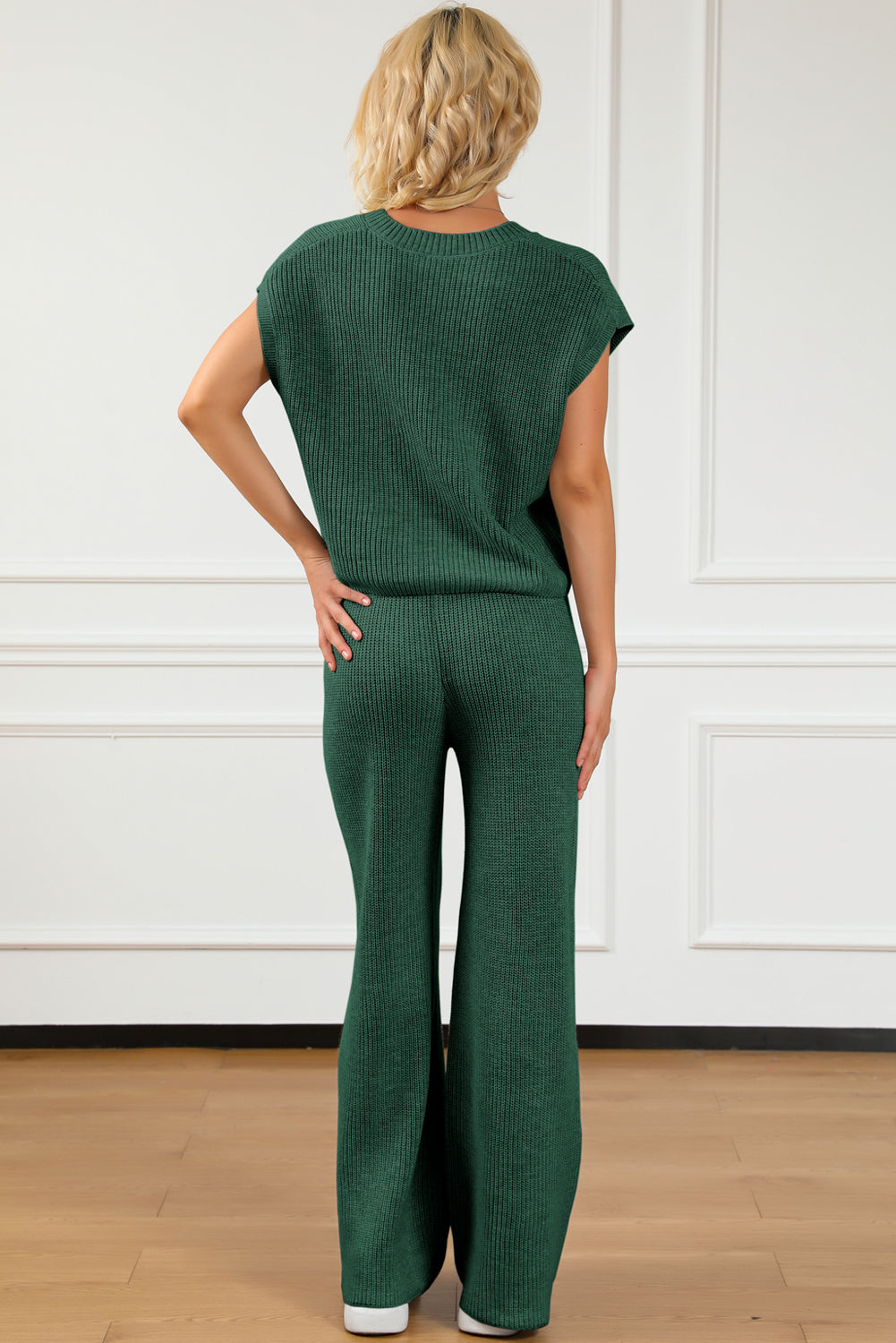 Pocketed V-Neck Top and Wide Leg Sweater Set Jumpsuit Trendsi   