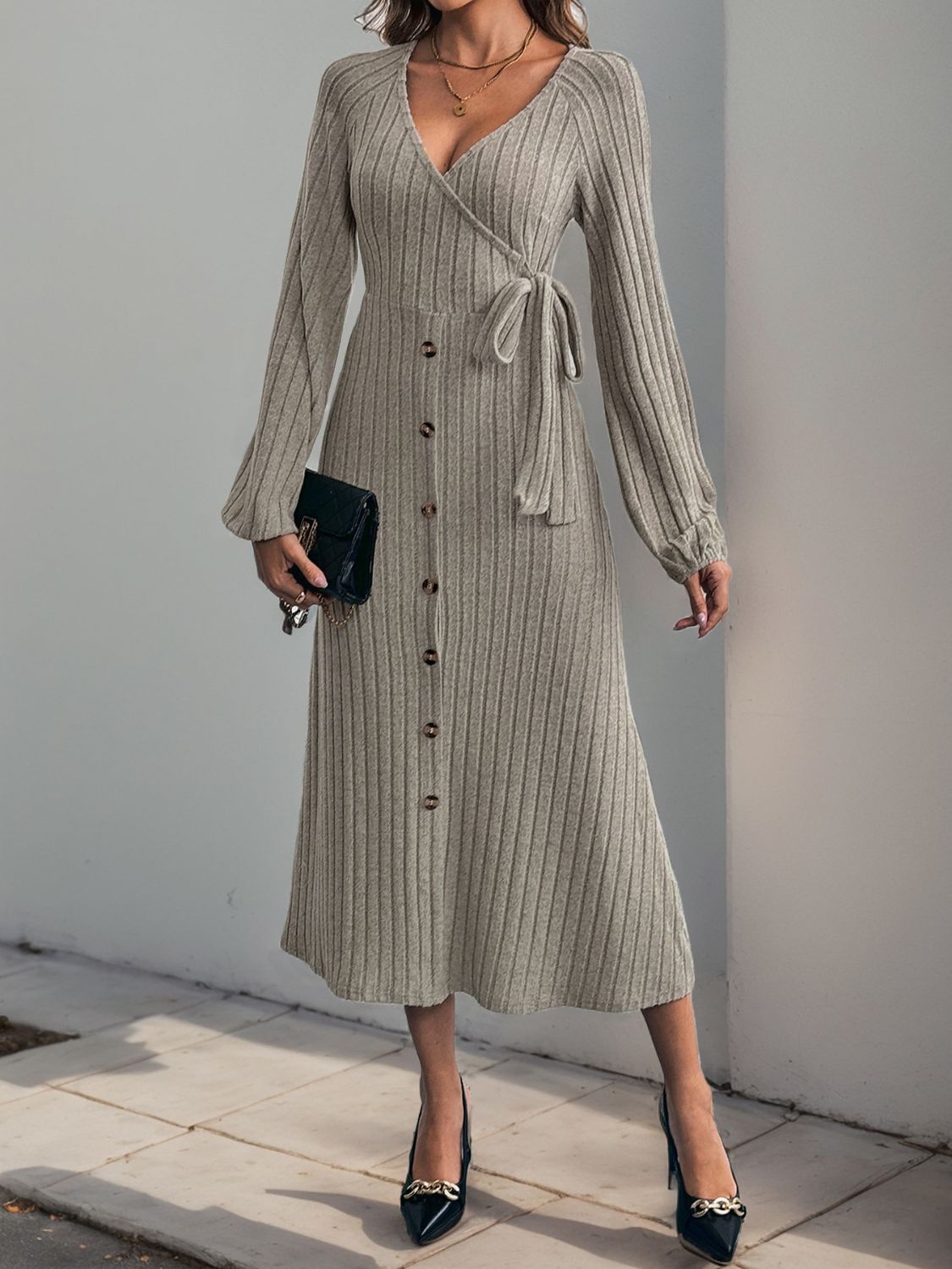 Perfee Ribbed Tied Surplice Long Sleeve Dress  Trendsi   