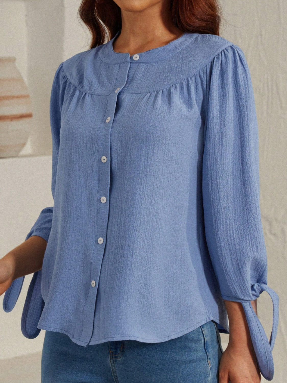 Tied Round Neck Three-Quarter Sleeve Shirt  Trendsi   