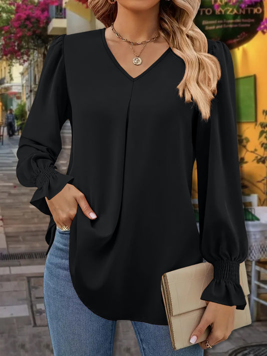 V-Neck Flounce Sleeve Blouse Blouse Trendsi Black S 