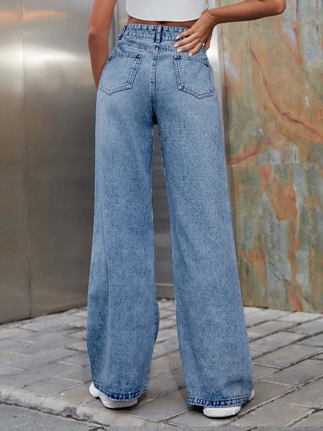 Distressed Wide Leg Jeans with Pockets  Trendsi   