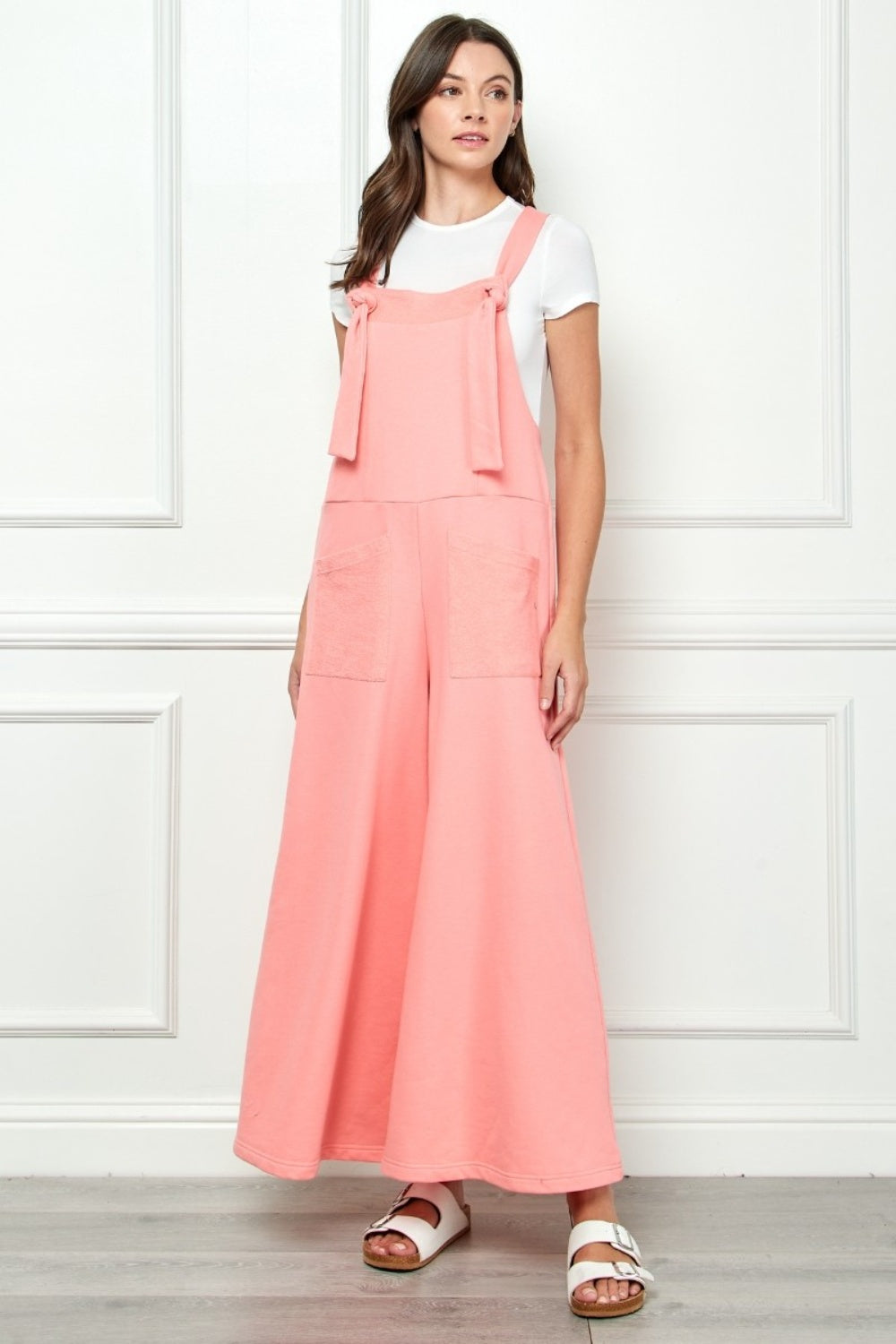 Veveret Wide Strap French Terry Overalls  Trendsi PINK S 