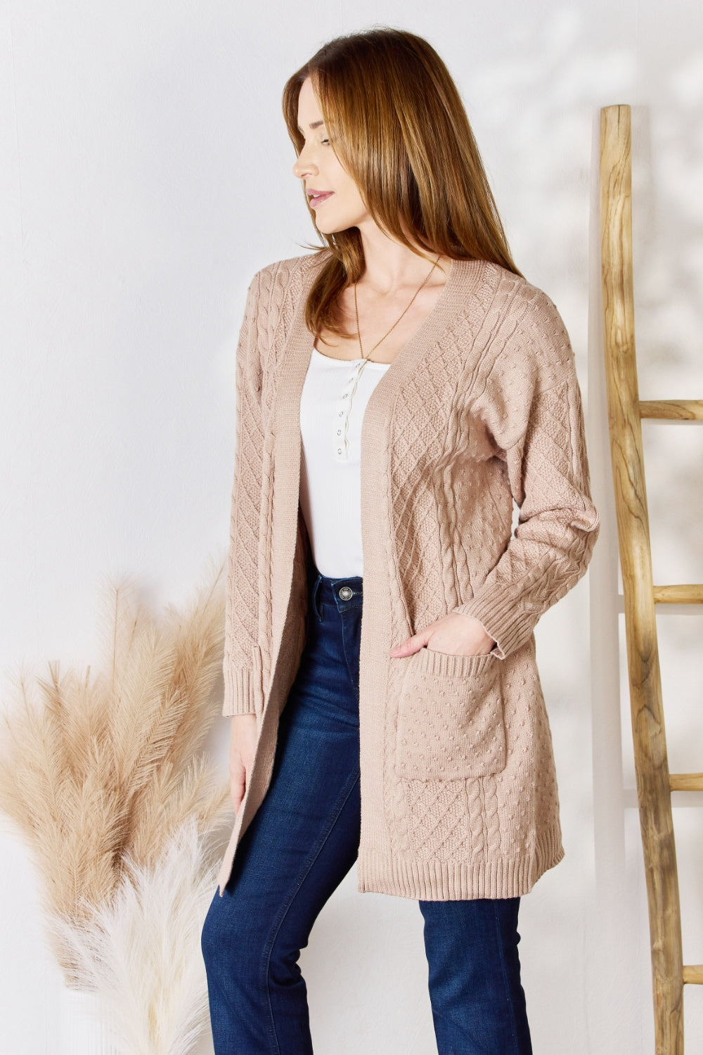 Hailey & Co Full Size Cable-Knit Pocketed Cardigan  Trendsi   