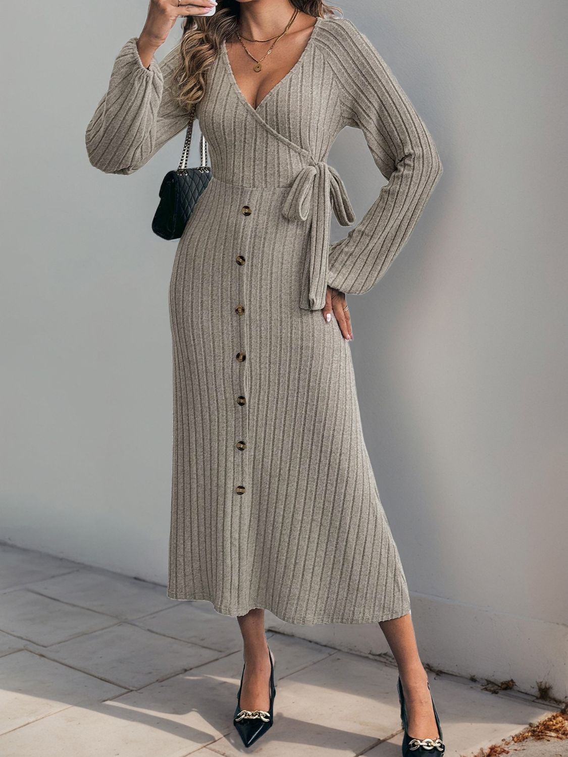 Perfee Ribbed Tied Surplice Long Sleeve Dress  Trendsi   