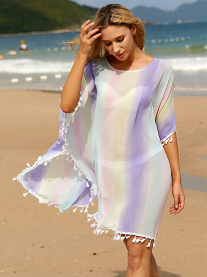 Tassel Boat Neck Half Sleeve Cover Up