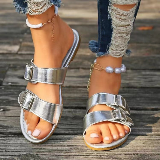 Open Toe Double Buckle Sandals  Trendsi Silver 36(US5) 