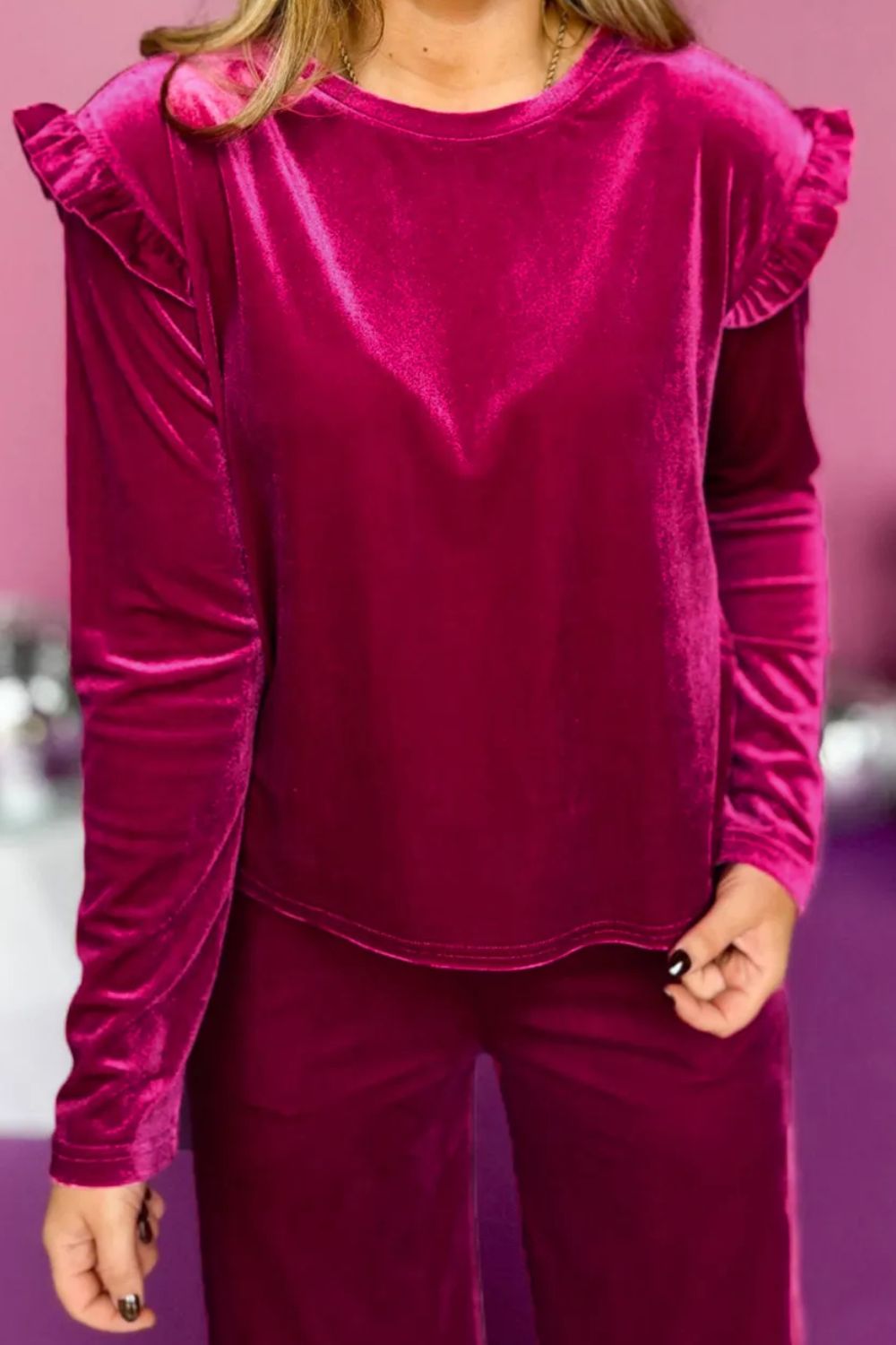 Velvet Round Neck Long Sleeve Top and Drawstring Pants Lounge Set  Trendsi   