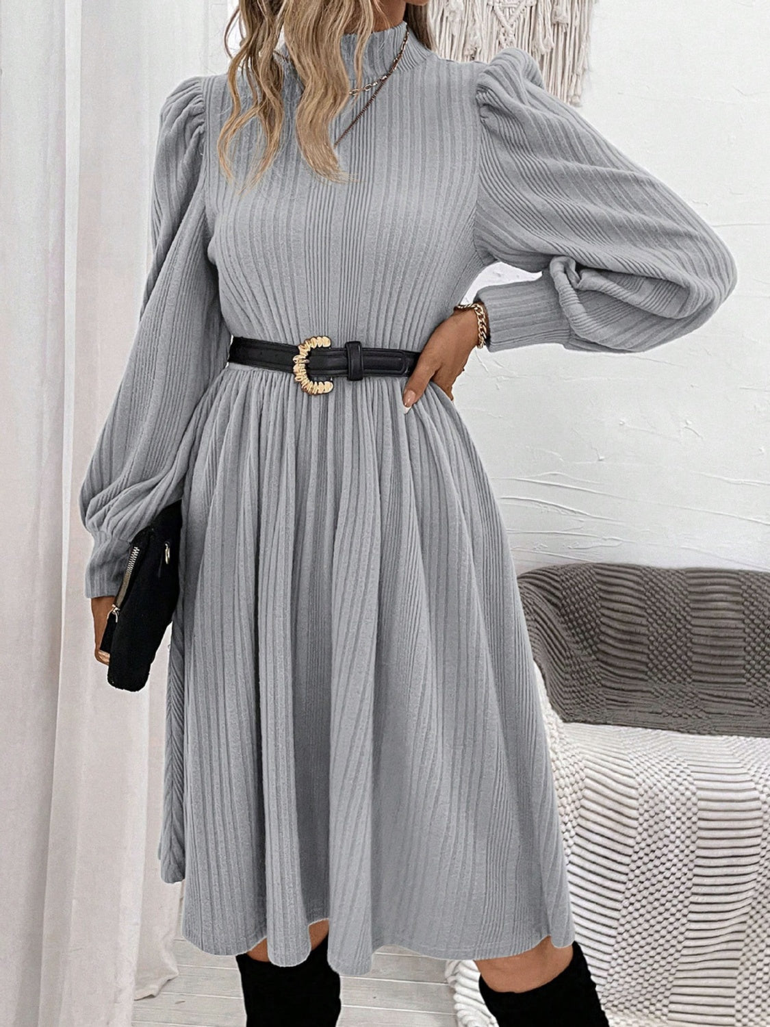 Textured Turtleneck Long Sleeve Dress  Trendsi   