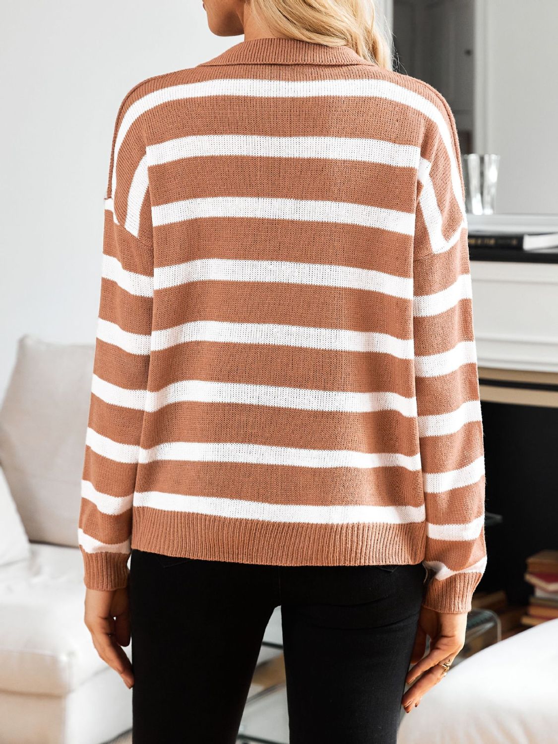 Many Striped Johnny Collar Long Sleeve Sweater  Trendsi   