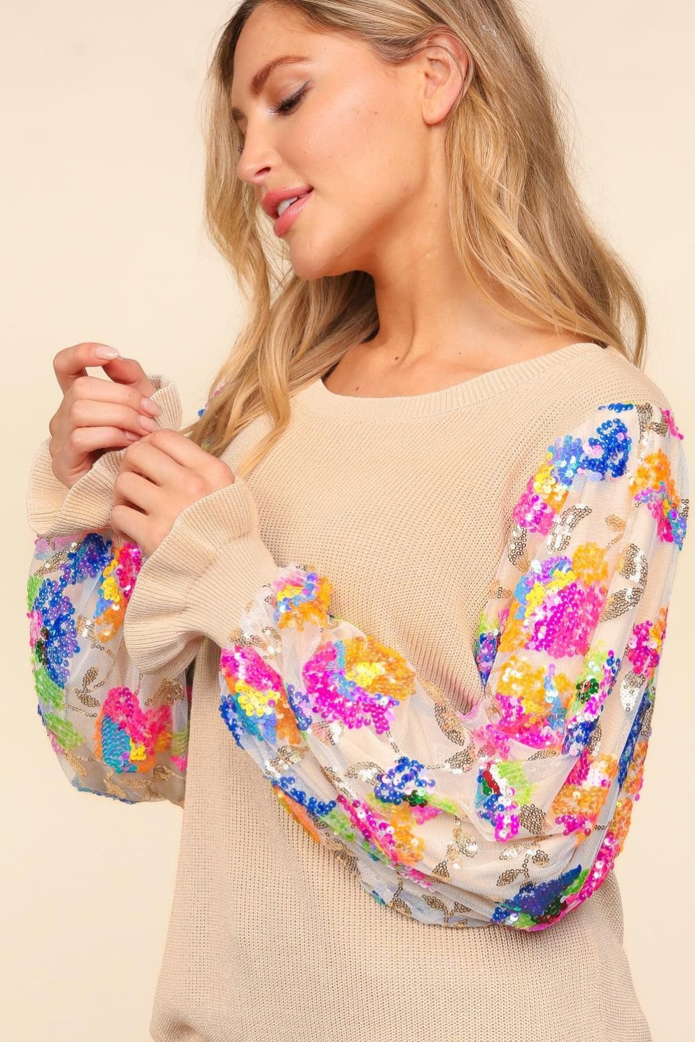 Haptics Floral Sequins Mesh Flounce Sleeve Sweater  Trendsi   