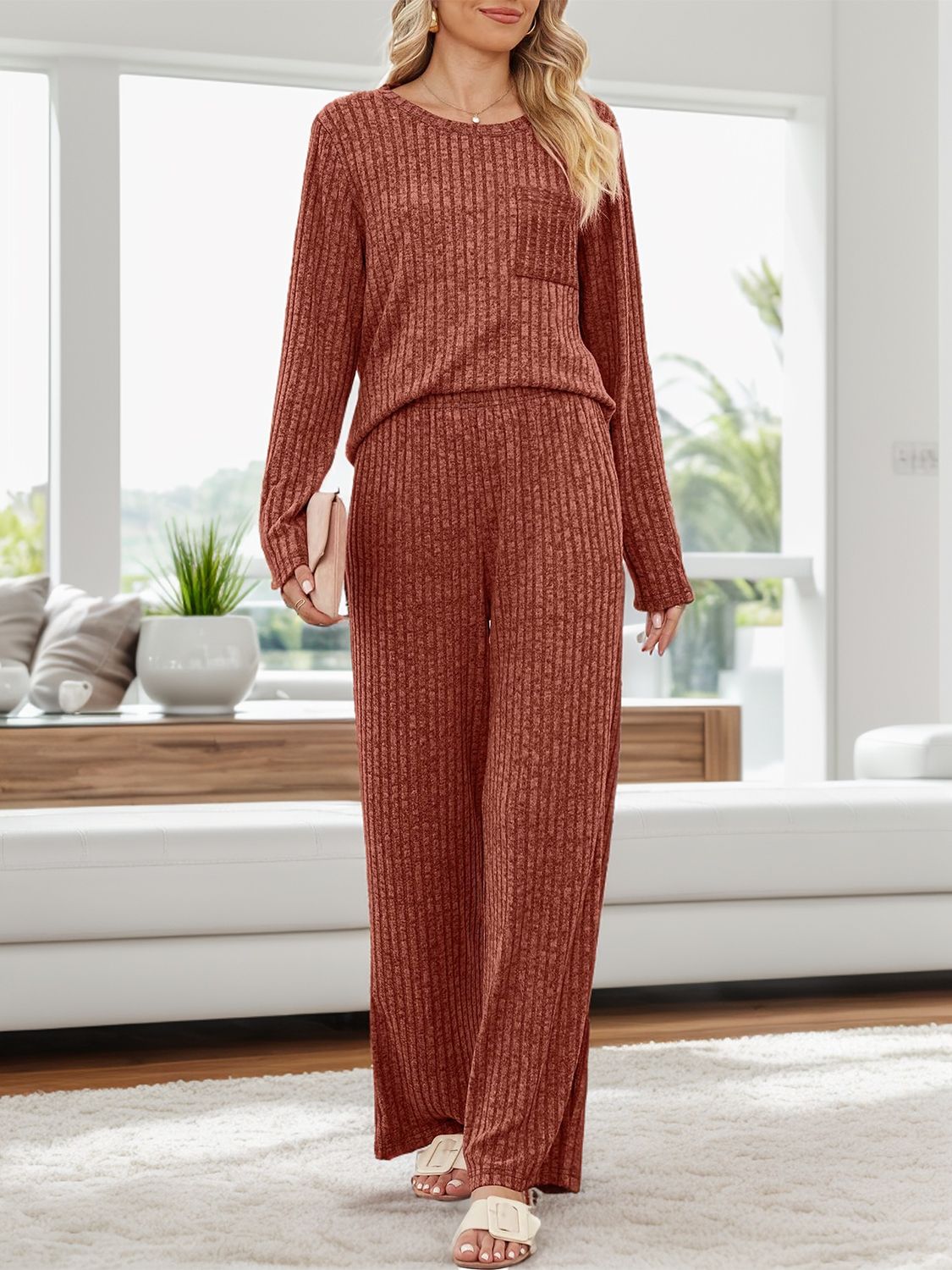 Round Neck Long Sleeve Top and Pants Set  Trendsi Terracotta S 