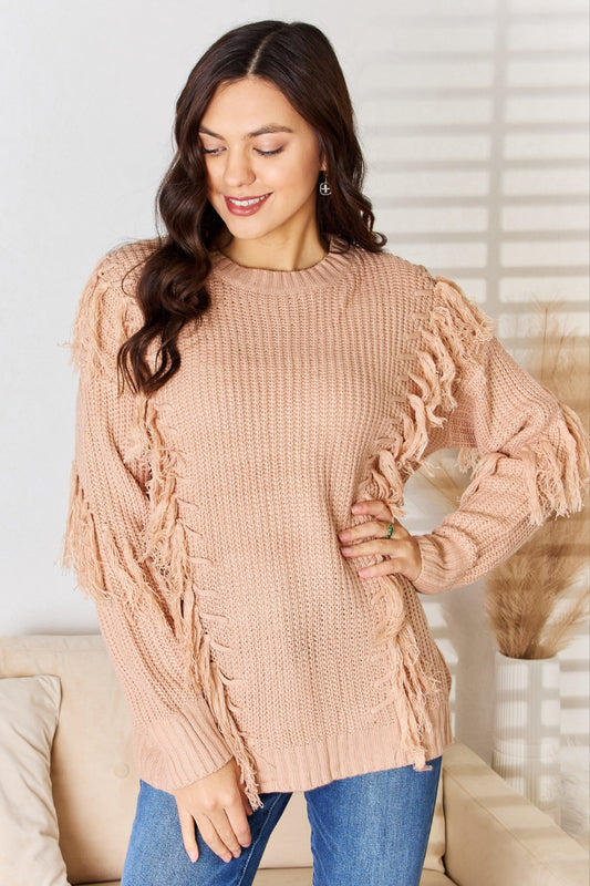 And The Why Tassel Detail Long Sleeve Sweater  Trendsi DUSTY PINK S/M 