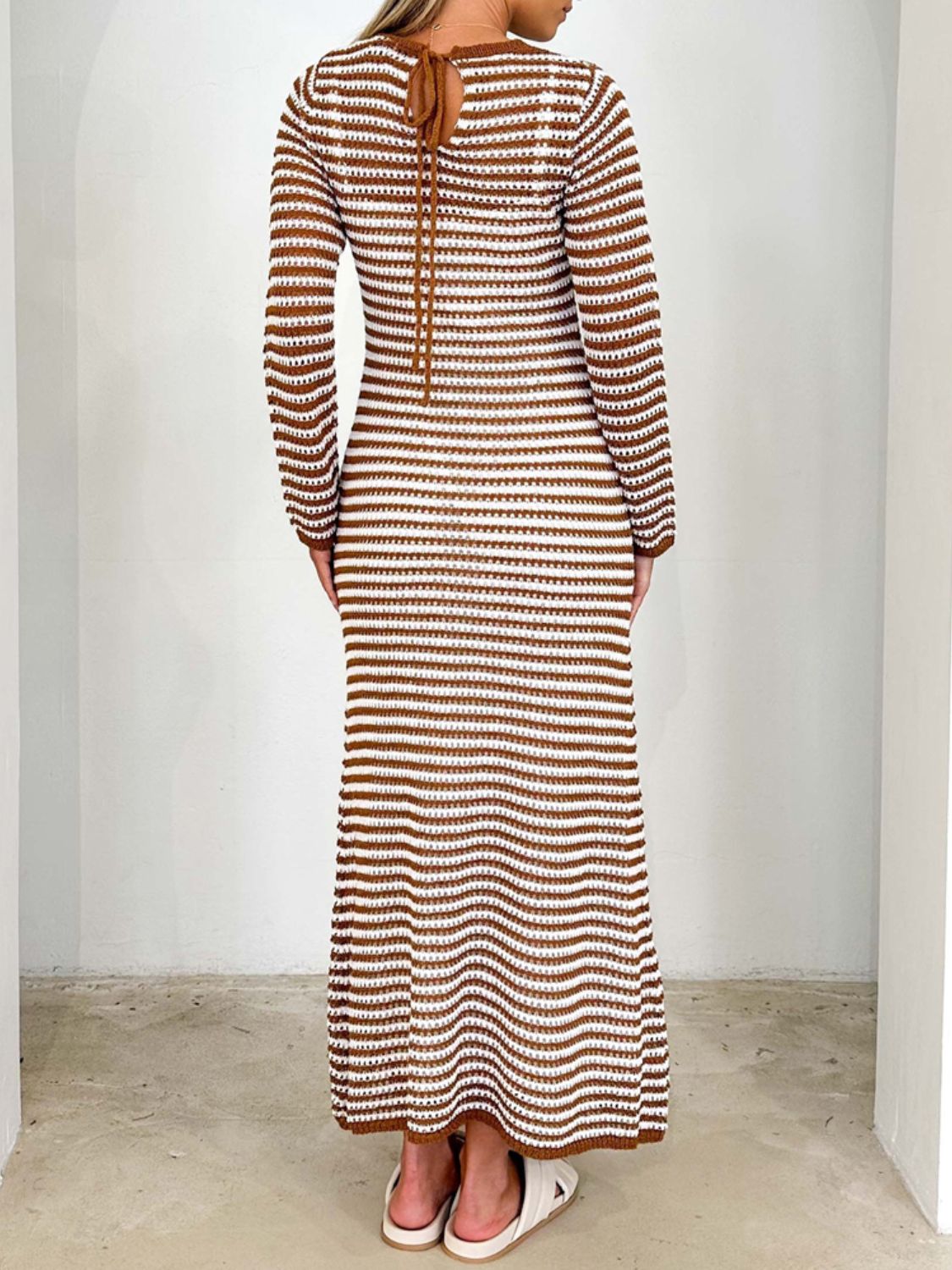 Devine Tied Round Neck Striped Sweater Dress  Trendsi Caramel S 