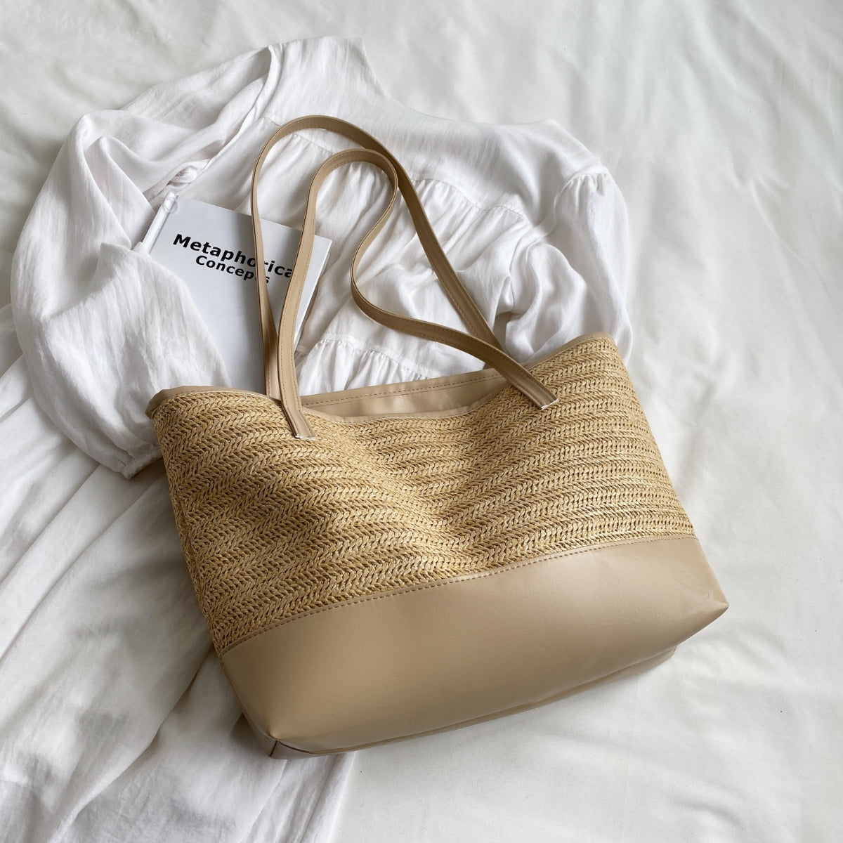 Straw Weave Leather Strap Tote Bag  Trendsi Camel One Size 