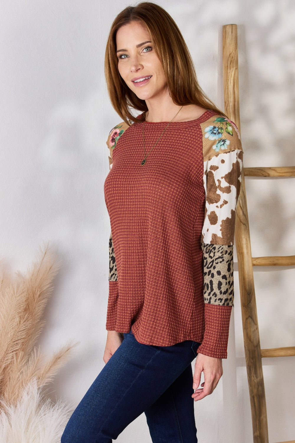 Hailey & Co Full Size Leopard Waffle-Knit Blouse  Trendsi   