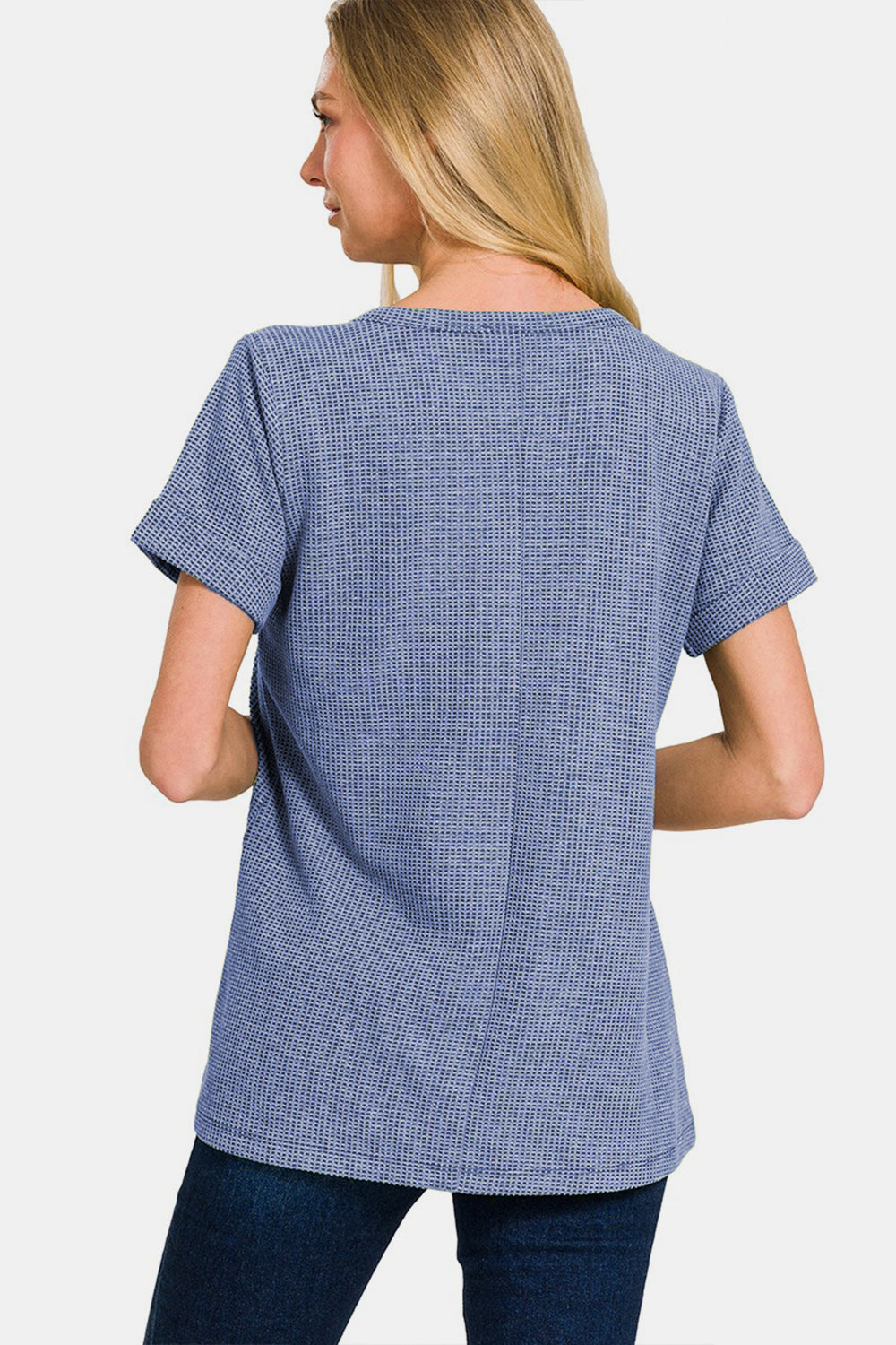 Zenana Notched Short Sleeve Waffle T-Shirt  Trendsi   