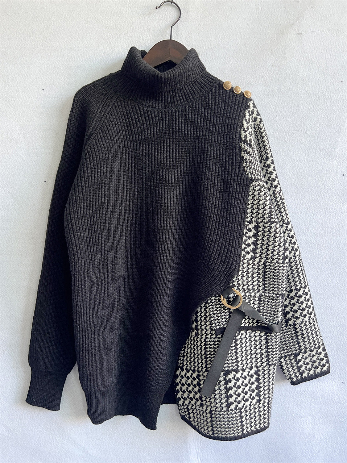 Houndstooth Turtleneck Long Sleeve Slit Sweater  Trendsi   