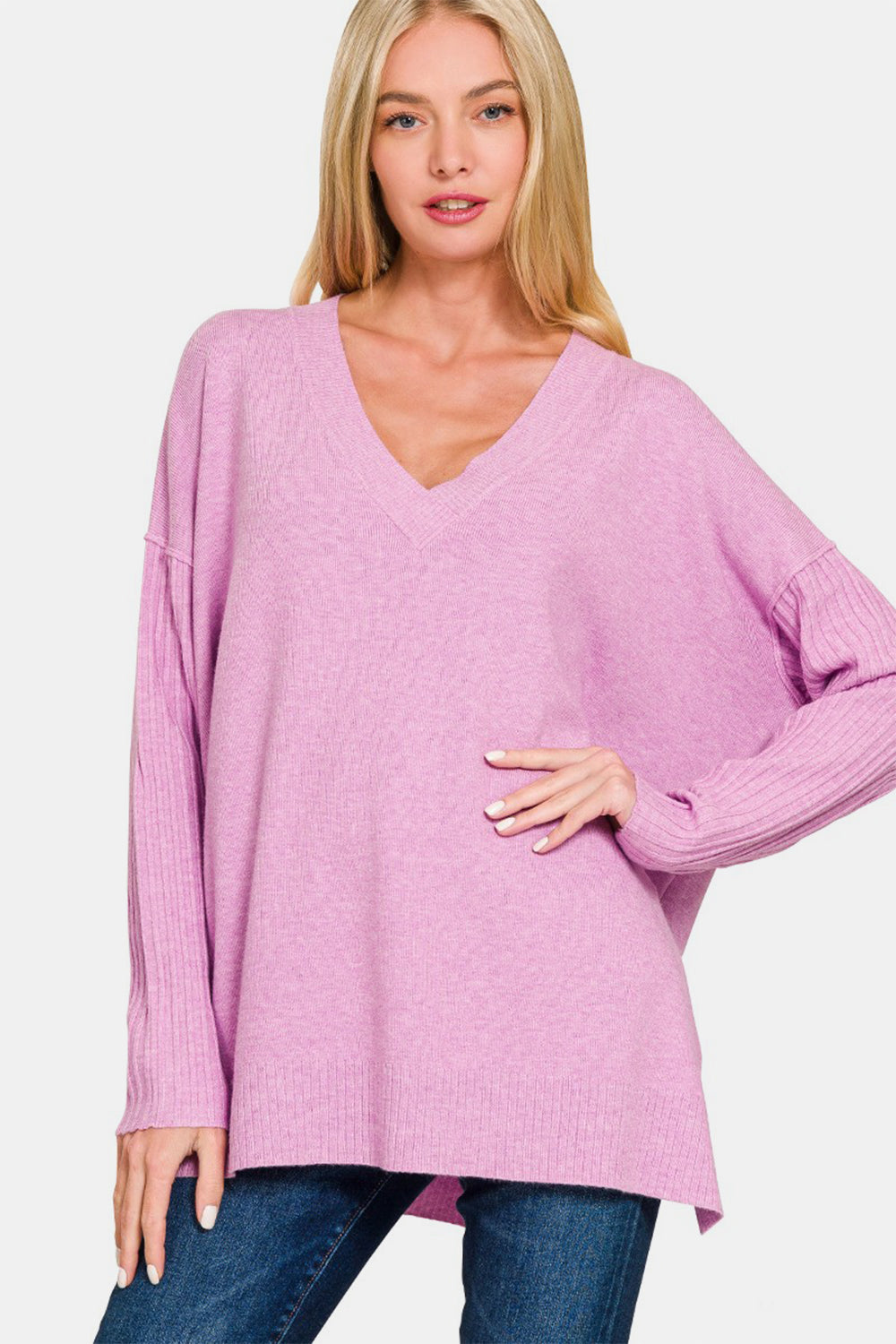 Zenana V-Neck Side Slit High-Low Sweater  Trendsi H Mauve S/M 