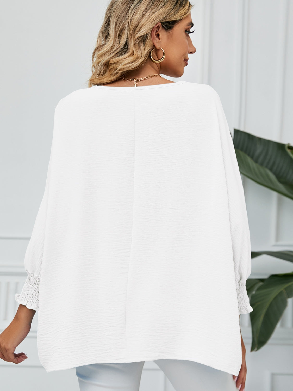 Smocked Lantern Sleeve Round Neck Blouse Blouse Trendsi   