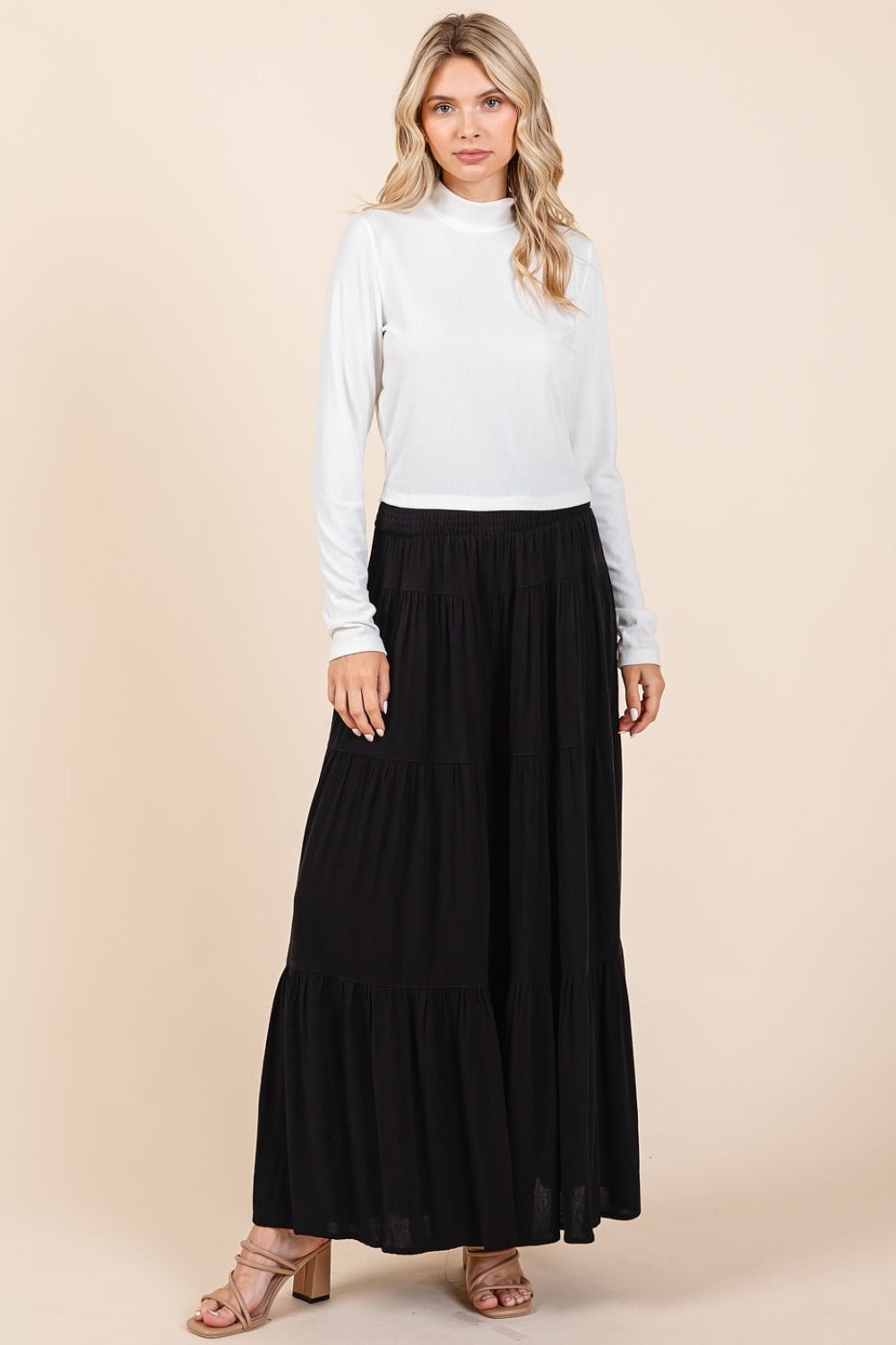 Mittoshop Tier Detail Smocked Elastic Waist Wide Leg Pants  Trendsi Black S 