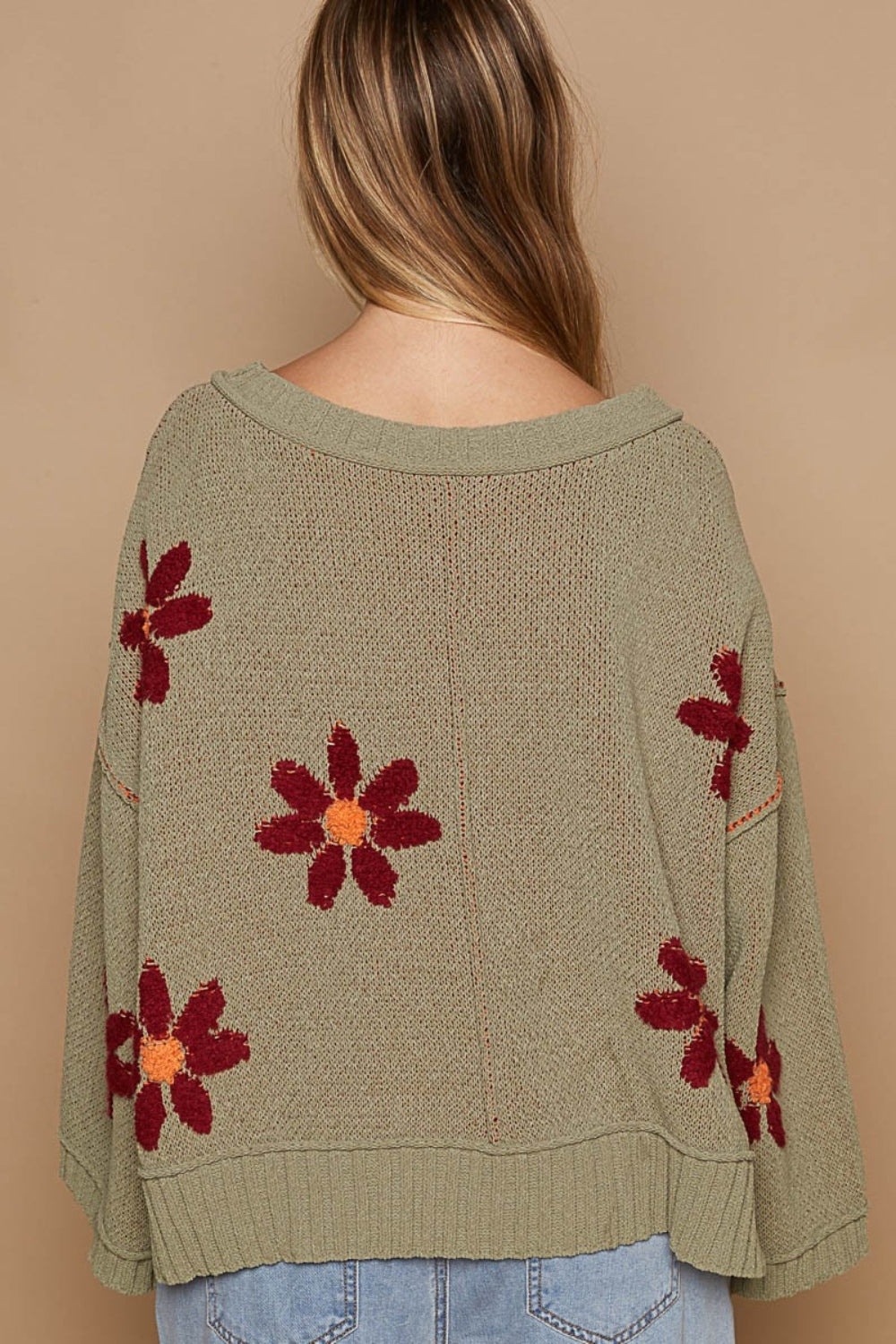 POL V-Neck Floral Pattern Chenille Sweater  Trendsi   