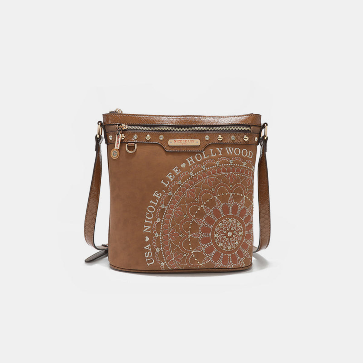 Nicole Lee USA Metallic Stitching Embroidery Inlaid Rhinestone Crossbody Bag  Trendsi Brown One Size 