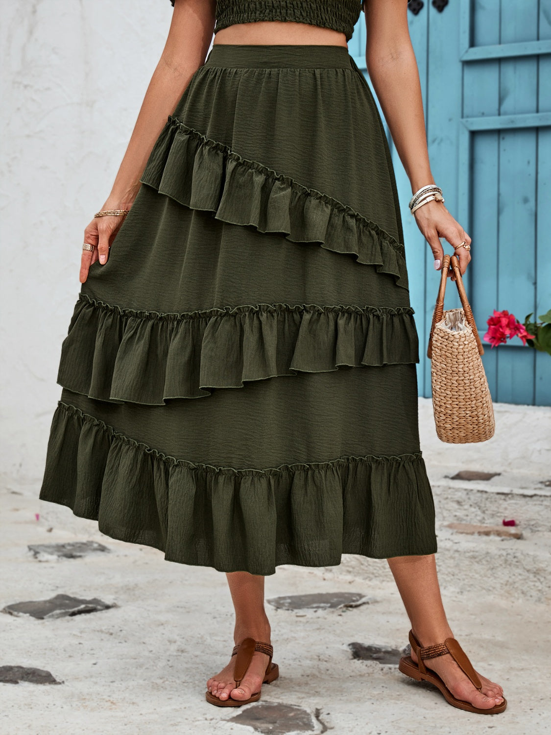 Honey Ruffled Elastic Waist Midi Skirt