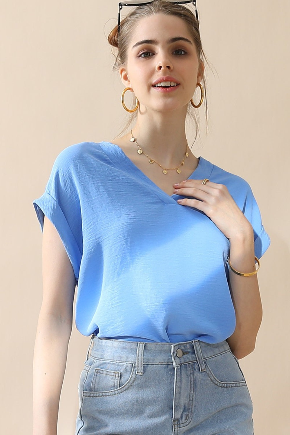 Ninexis V-Neck Trim Rolled Short Sleeve Shirt Blouse Trendsi   