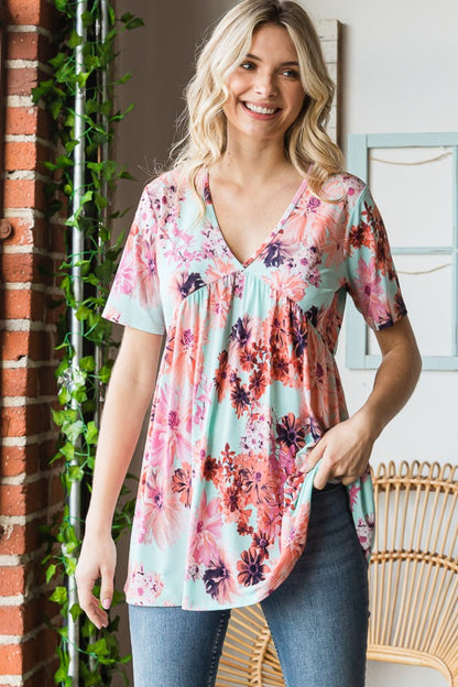 Heimish Full Size Floral V-Neck Short Sleeve Babydoll Blouse Blouse Trendsi   