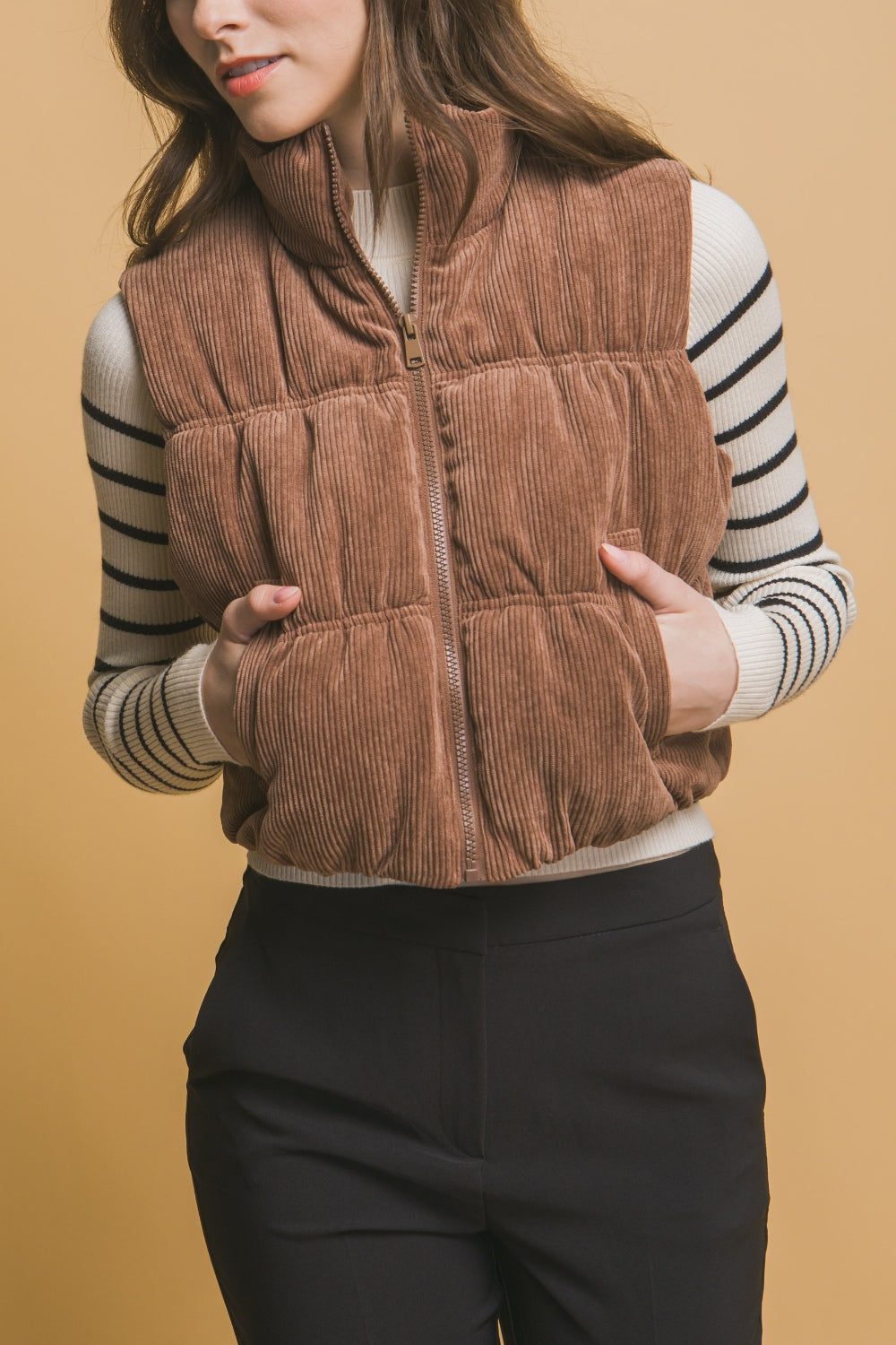 Love Tree Corduroy Zip Up Puffer Vest with Pockets  Trendsi   