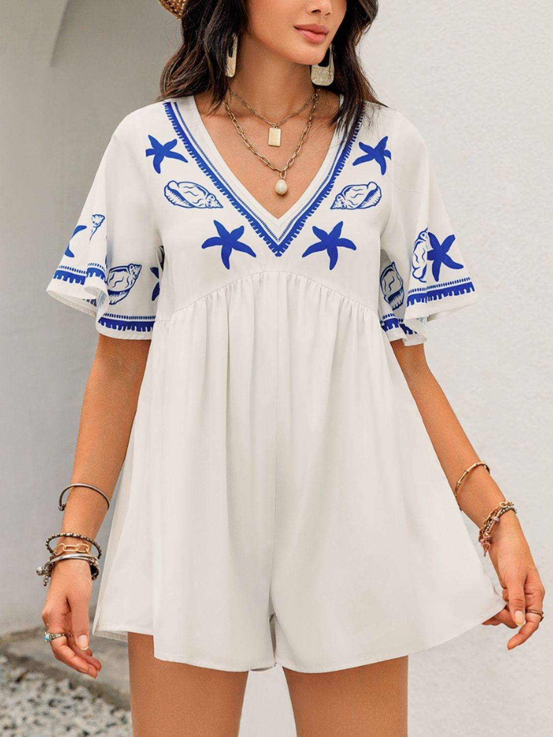 Printed V-Neck Half Sleeve Romper  Trendsi Cream S 