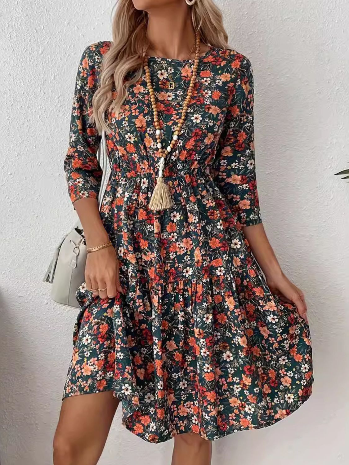 Frill Floral Round Neck Dress  Trendsi Black Forest S 