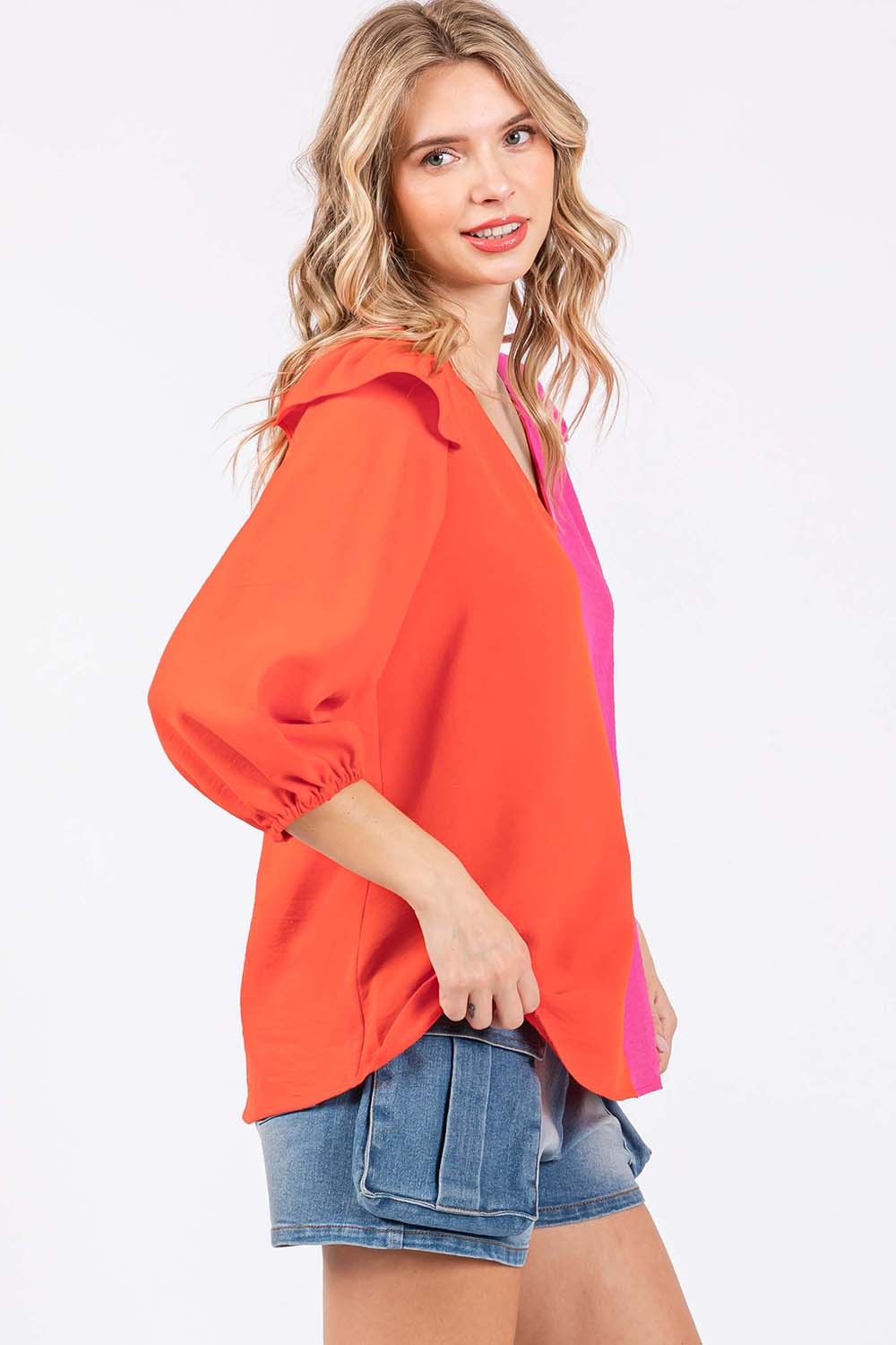 GeeGee Full Size Ruffle Trim Contrast Blouse  Trendsi   