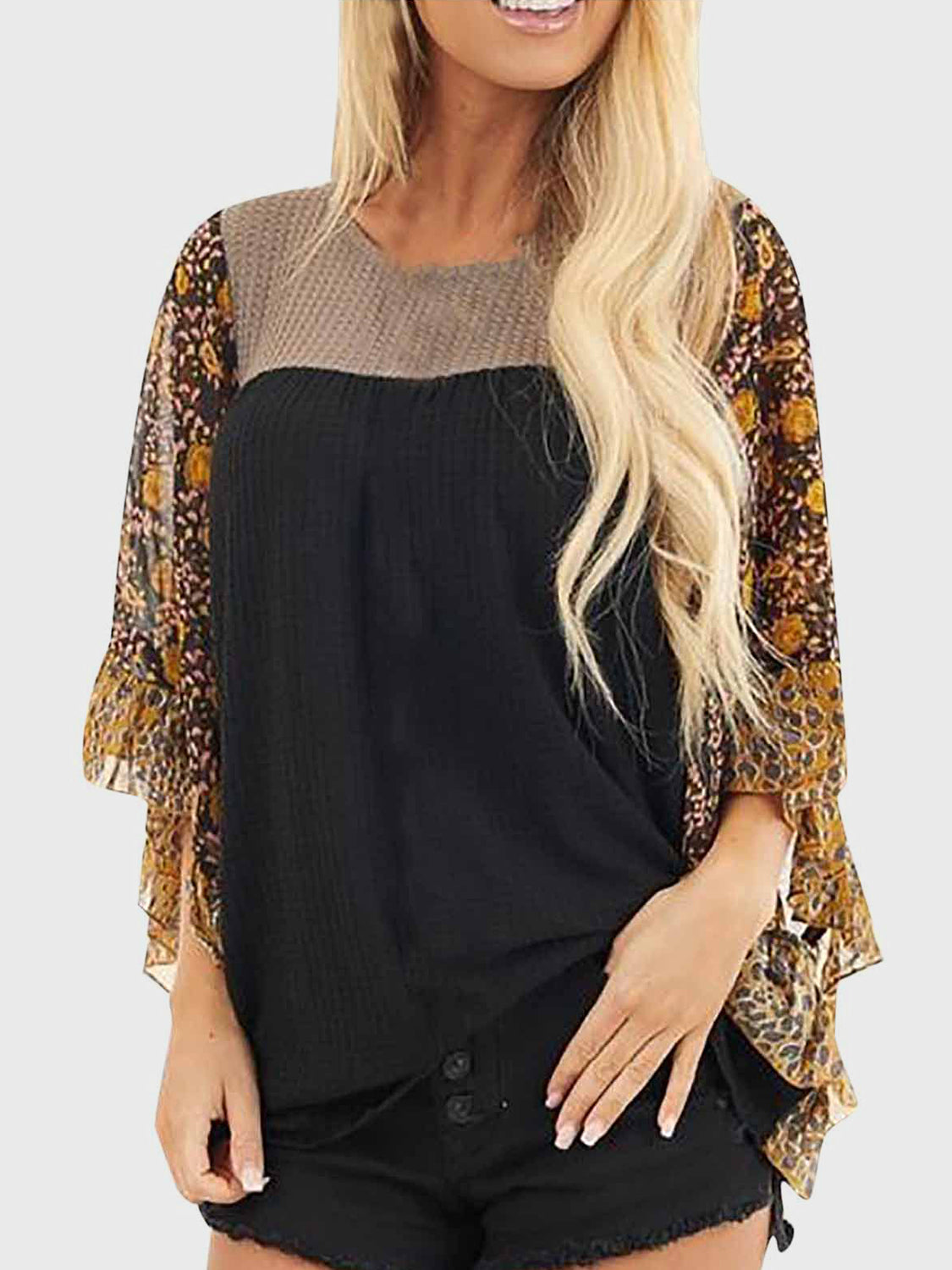 Full Size Printed Round Neck Three-Quarter Sleeve Blouse  Trendsi Black S 