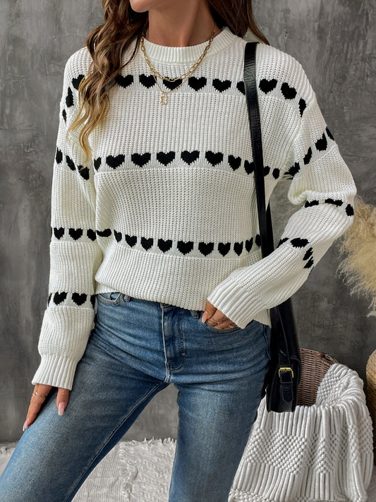 Perfee Heart Round Neck Long Sleeve Sweater  Trendsi Cream S 