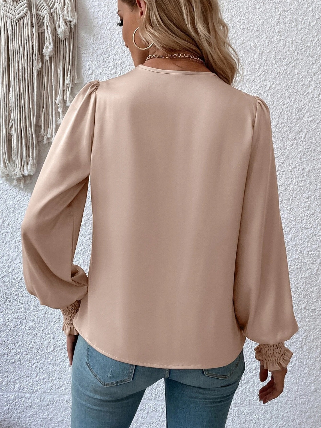 Surplice Smocked Lantern Sleeve Blouse Blouse Trendsi   