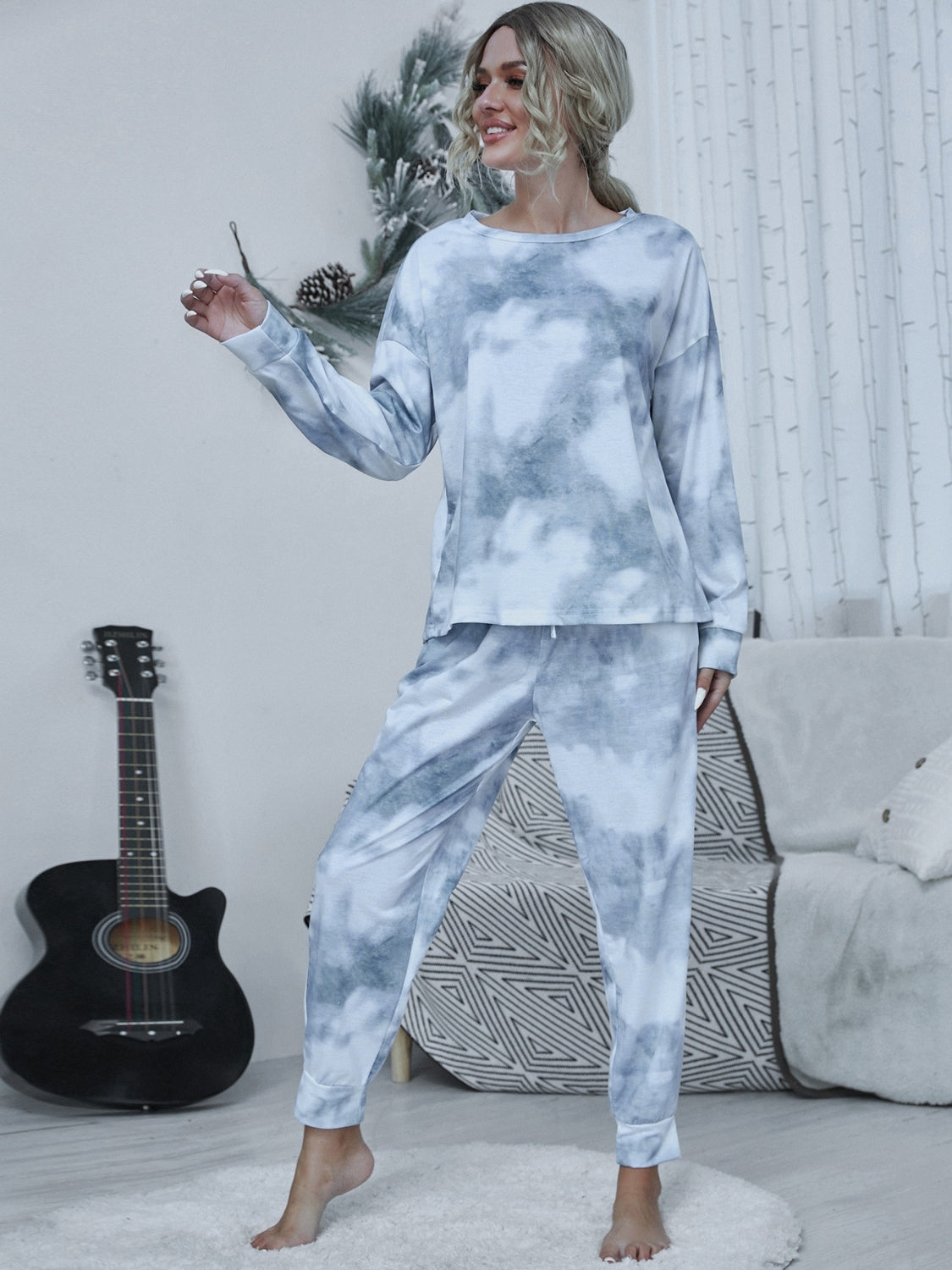 Shiny Tie-dye Round Neck Top and Drawstring Pants Lounge Set  Trendsi   