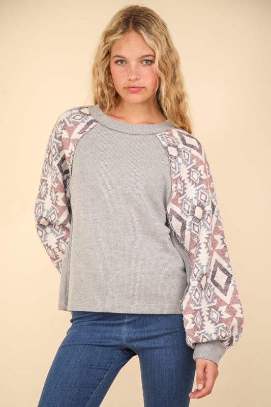 VERY J Printed Long Sleeve Round Neck Knit Top Luxe Trendsi H Grey S 