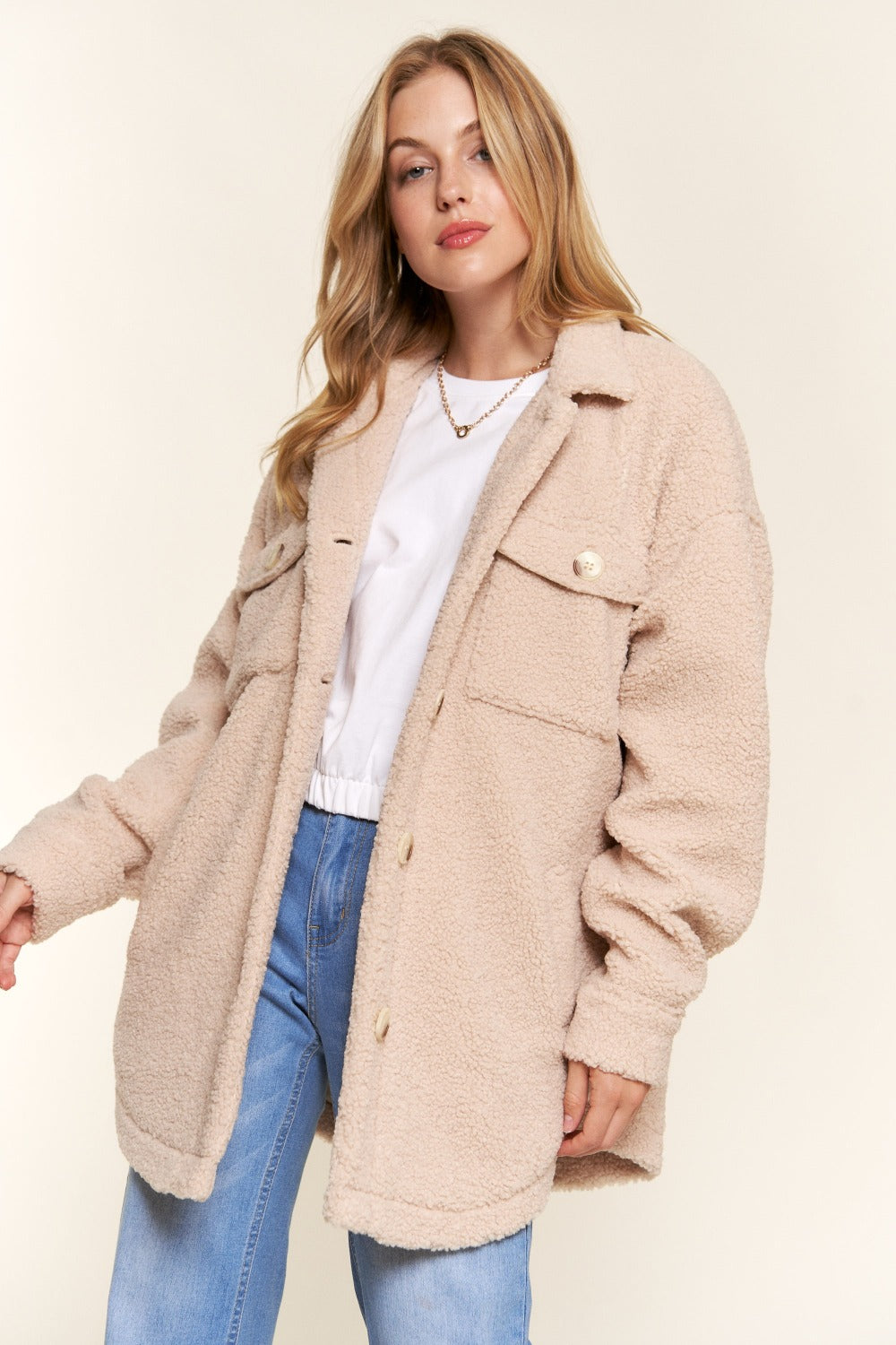 And The Why Teddy Sherpa Button Down Curved Hem Shacket  Trendsi Natural S 