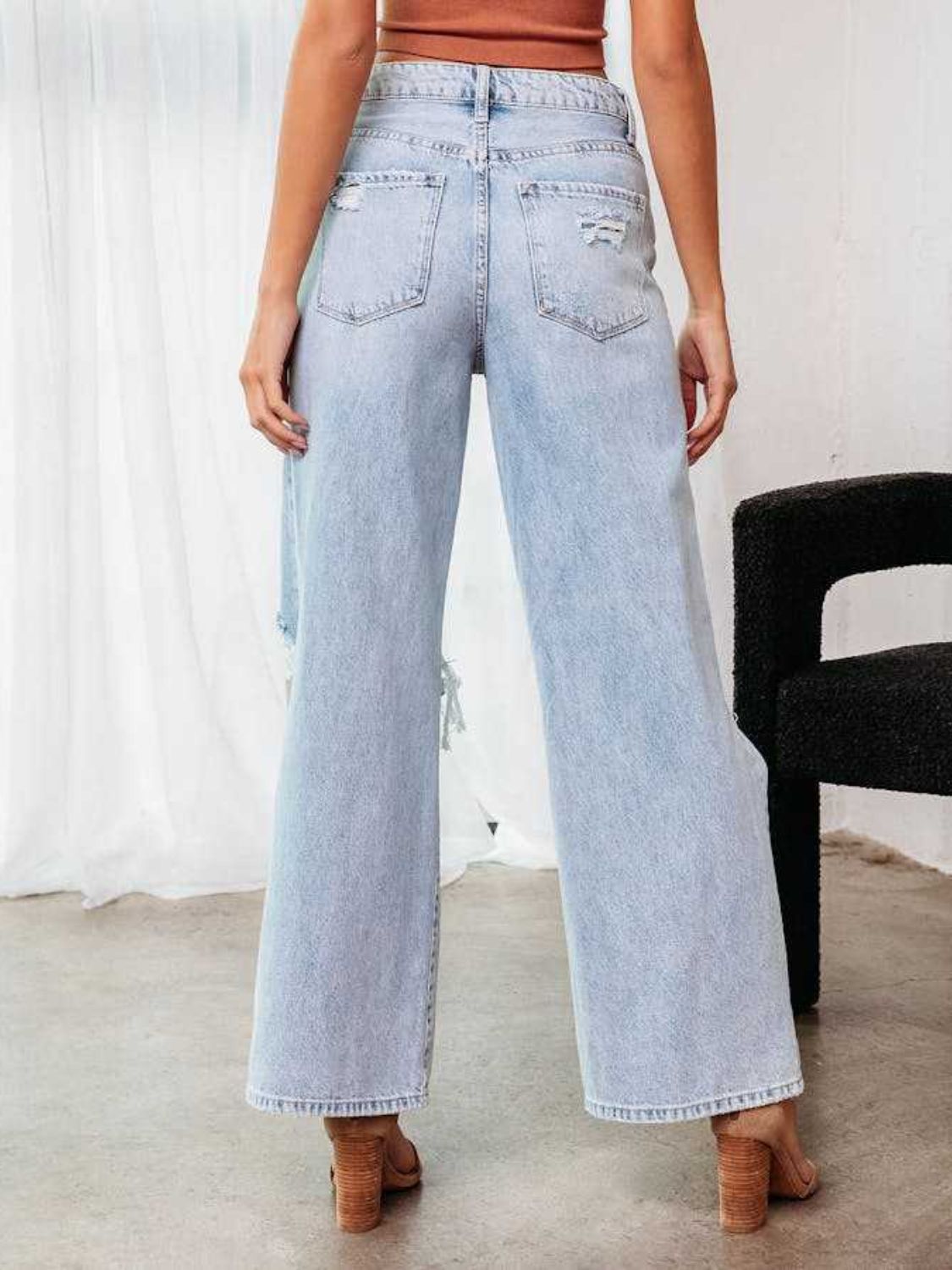 Distressed Wide Leg Jeans with Pockets  Trendsi   